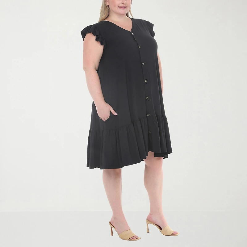 White Mark Button Front Womens Plus Short Sleeve Swing Dresses