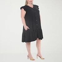 White Mark Button Front Womens Plus Short Sleeve Swing Dresses