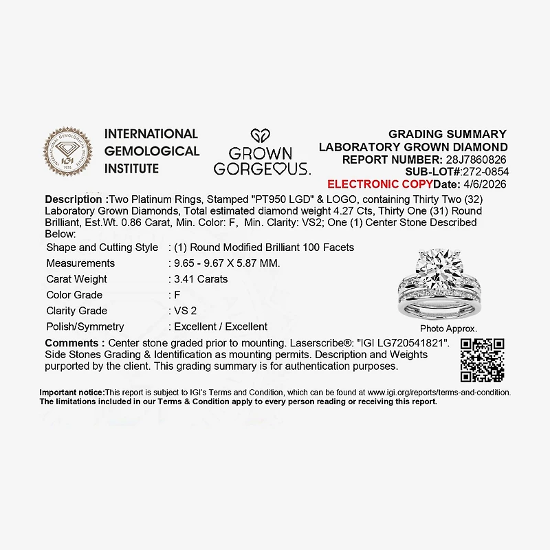 Grown Gorgeous Vs2, F Womens 4 1/4 CT. T.W. Lab White Diamond 14K Gold or Platinum Round Side Stone Bridal Set