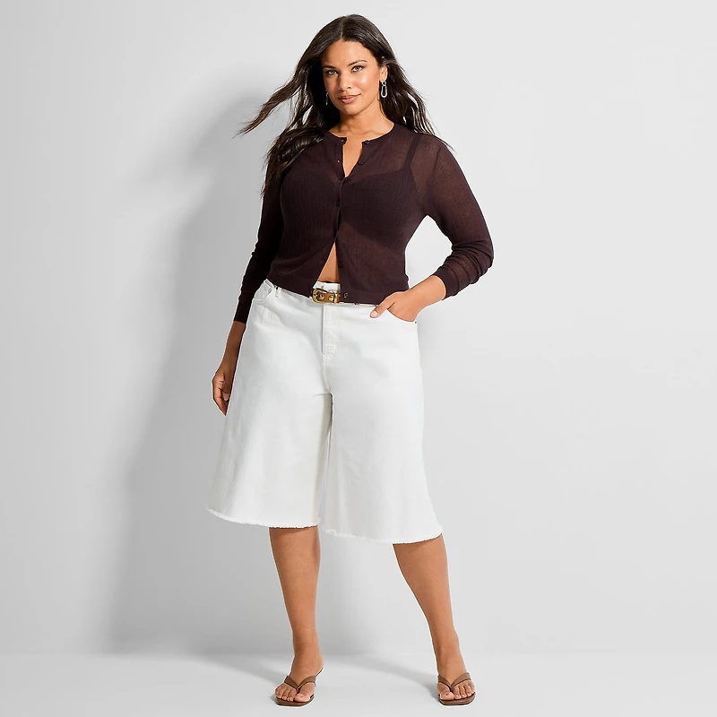 Ashley Graham Womens Plus Crew Neck Long Sleeve Cardigan