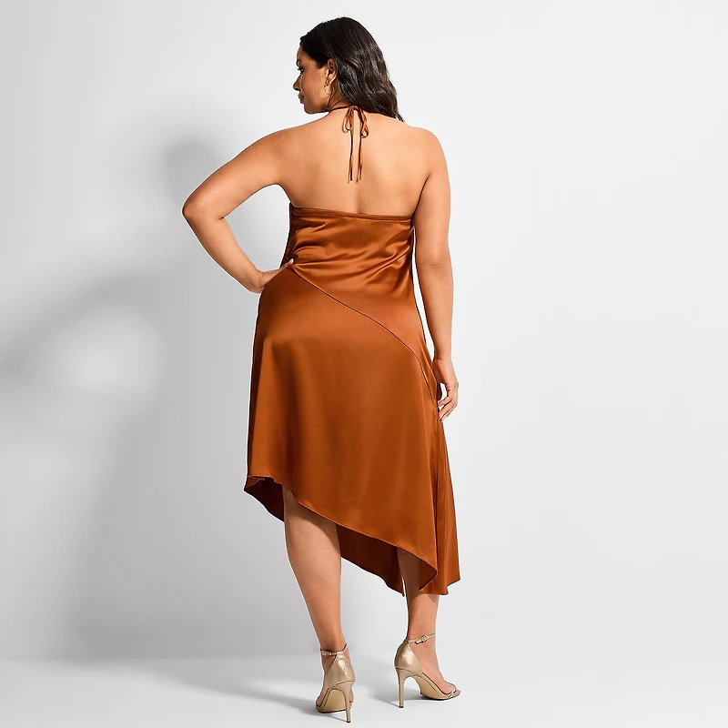 Ashley Graham Women's Plus Bead Trim Satin Midi Dress
