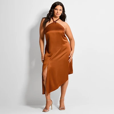 Ashley Graham Women's Plus Bead Trim Satin Midi Dress