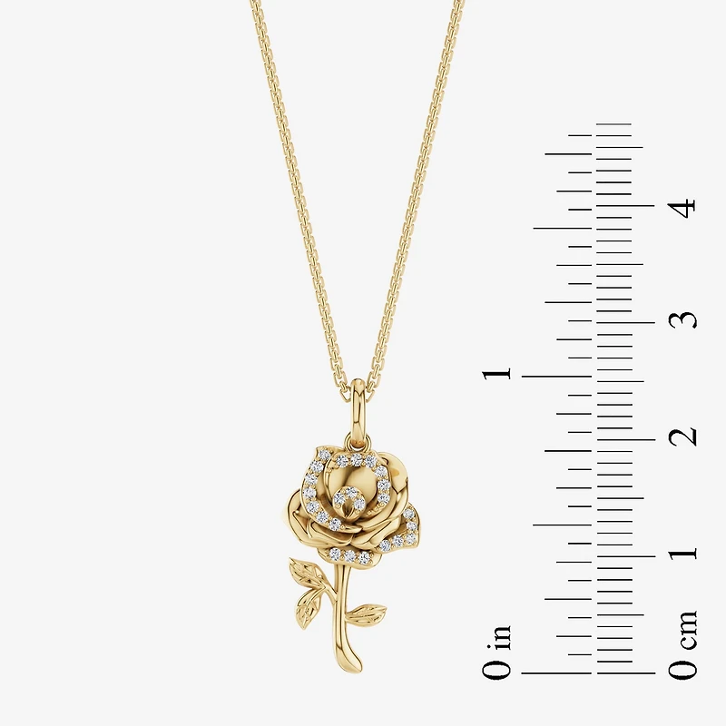 Enchanted Disney Fine Jewelry Womens 1/10 CT. T.W. Natural White Diamond 14K Gold Flower 16 Inch Pendant Necklace