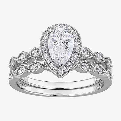 Womens 1 1/6 CT. T.W.  Lab Created White Moissanite Sterling Silver Pear Halo Bridal Set