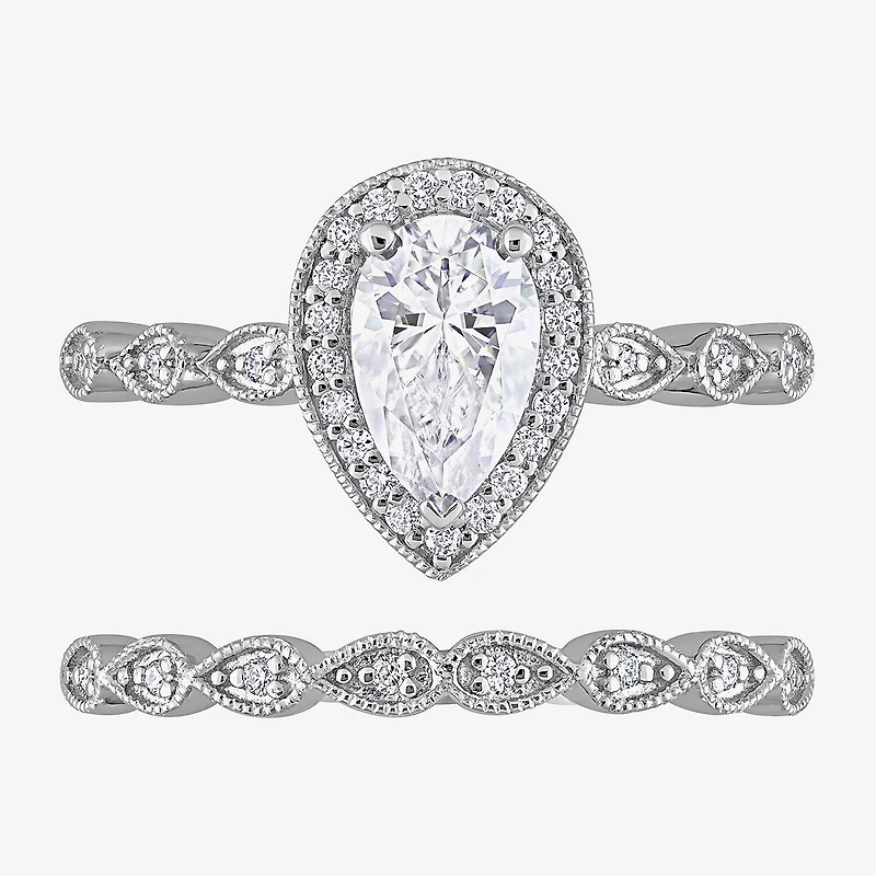 Womens 1 1/6 CT. T.W. Lab Created White Moissanite Sterling Silver Pear Halo Bridal Set