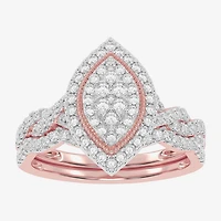 Womens 1/2 CT. T.W. Natural White Diamond 10K Gold Marquise Side Stone Halo Bridal Set