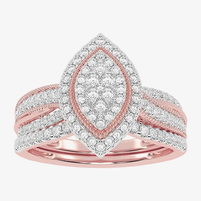 Womens 1/2 CT. T.W. Natural White Diamond 10K Gold Marquise Side Stone Halo Bridal Set