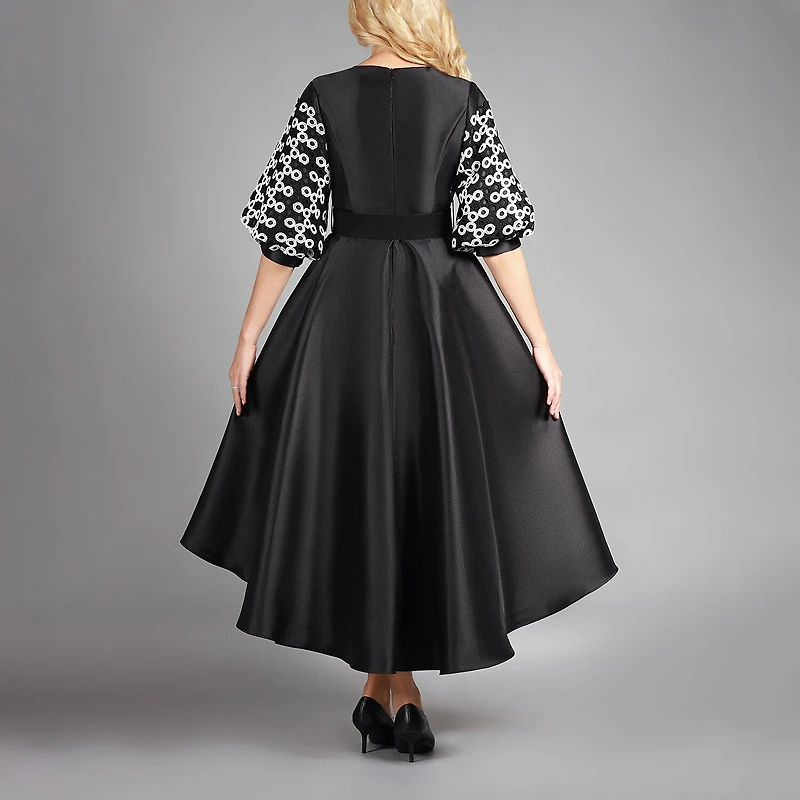 Giovanna Collection Womens High-Low Round Neck Elbow Sleeve Circles A-Line Dress