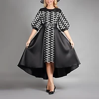 Giovanna Collection Womens High-Low Round Neck Elbow Sleeve Circles A-Line Dress