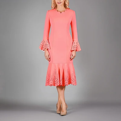 Giovanna Collection Womens Midi Scallop Neck Long Sleeve Eyelet Sheath Dress