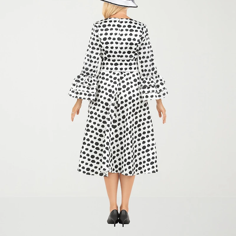 Giovanna Signature Womens Midi V Neck Long Sleeve Polka Dot A-Line Dress
