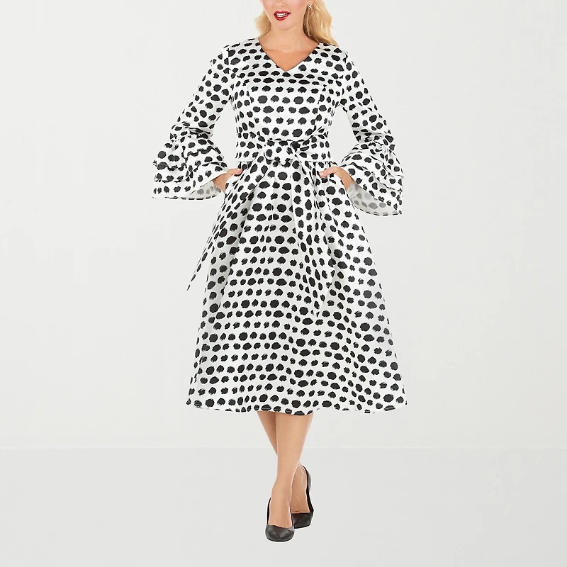 Giovanna Signature Womens Plus Midi V Neck Long Sleeve Polka Dot A-Line Dress
