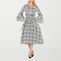 Giovanna Signature Womens Plus Midi V Neck Long Sleeve Polka Dot A-Line Dress