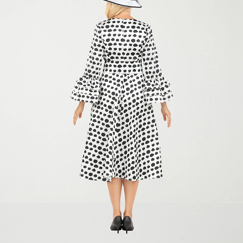 Giovanna Signature Womens Plus Midi V Neck Long Sleeve Polka Dot A-Line Dress