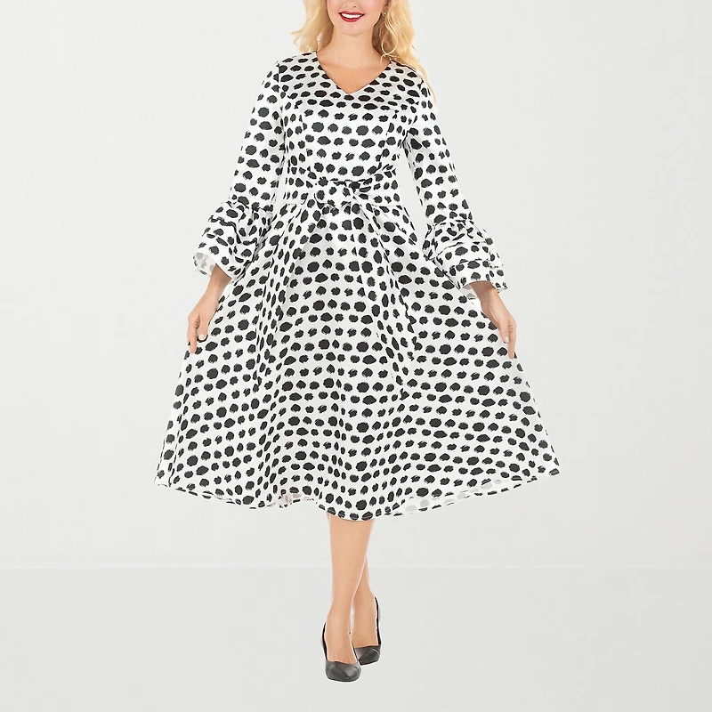Giovanna Signature Womens Plus Midi V Neck Long Sleeve Polka Dot A-Line Dress
