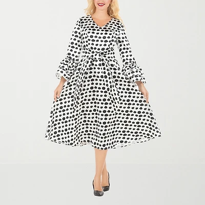 Giovanna Signature Womens Plus Midi V Neck Long Sleeve Polka Dot A-Line Dress