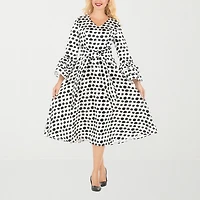 Giovanna Signature Womens Plus Midi V Neck Long Sleeve Polka Dot A-Line Dress