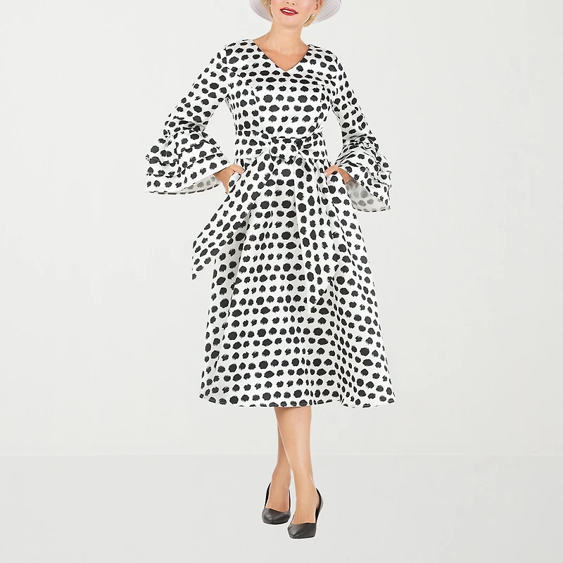 Giovanna Signature Womens Plus Midi V Neck Long Sleeve Polka Dot A-Line Dress