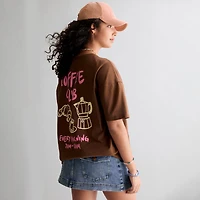 Coffee Club Womens Juniors Crew Neck Short Sleeve Oversized Graphic T-Shirt