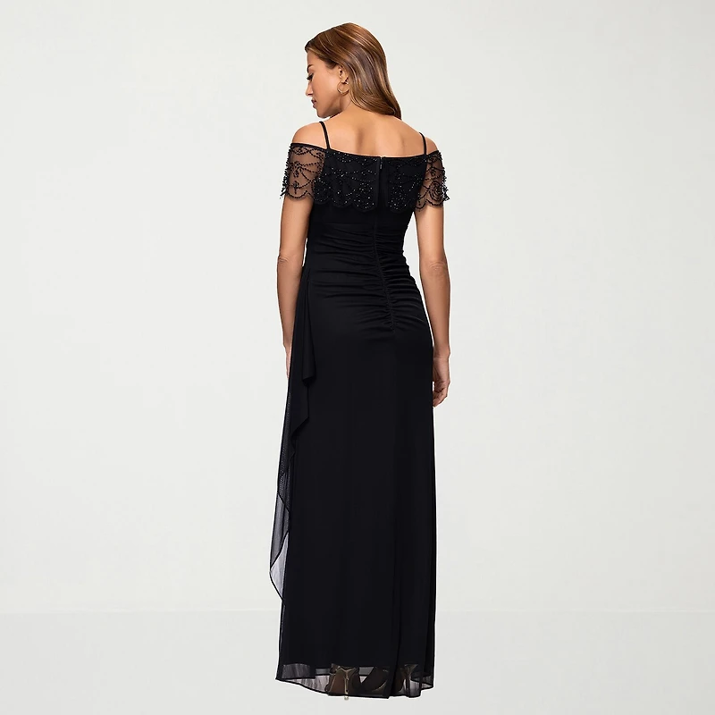 DJ Jaz Womens Straight Neck Short Sleeve Off the Shoulder Beaded Fitted Gown
