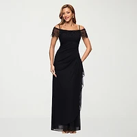 DJ Jaz Womens Straight Neck Short Sleeve Off the Shoulder Beaded Fitted Gown