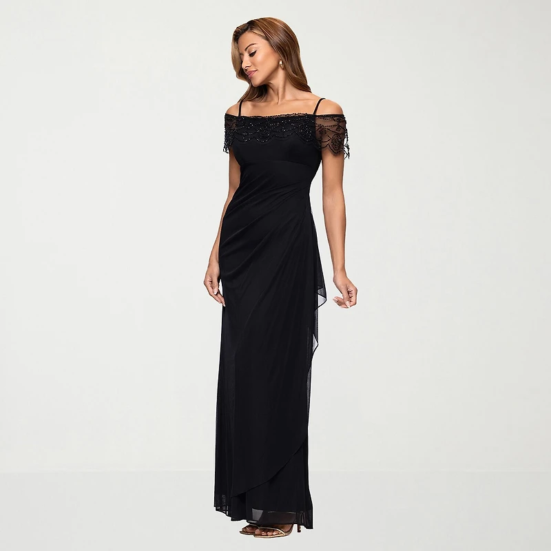 DJ Jaz Womens Straight Neck Short Sleeve Off the Shoulder Beaded Fitted Gown