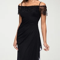 DJ Jaz Womens Straight Neck Short Sleeve Off the Shoulder Beaded Fitted Gown