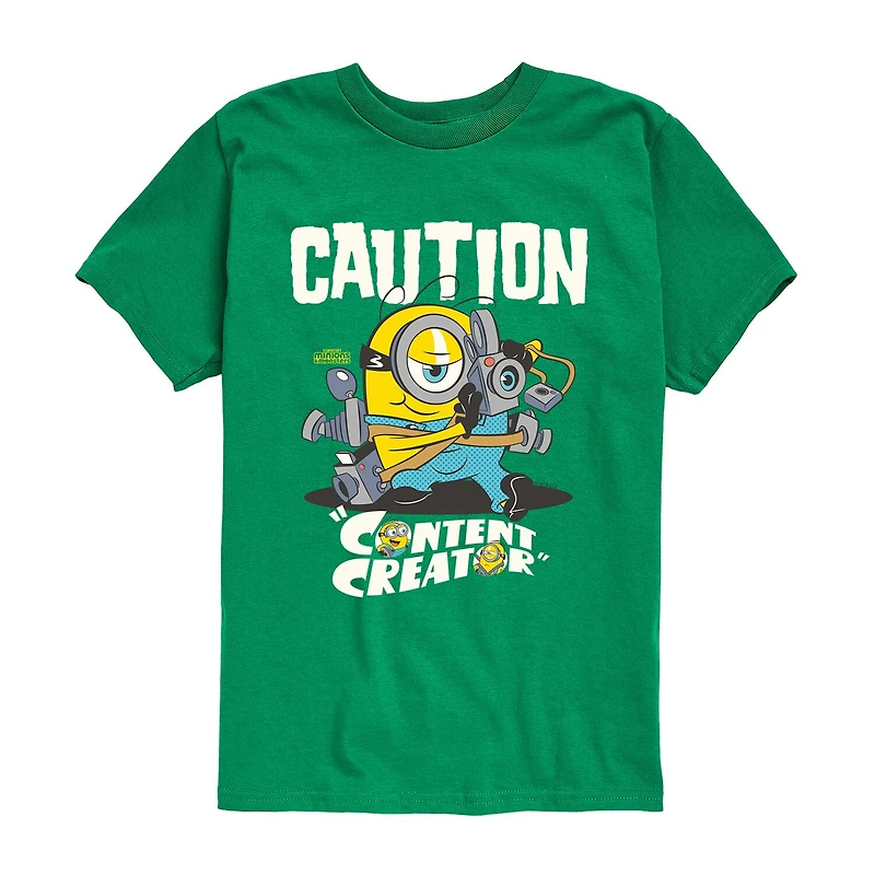 Caution Content Creator Little & Big Kid Boys Crew Neck Short Sleeve Regular Fit Minions Graphic T-Shirt