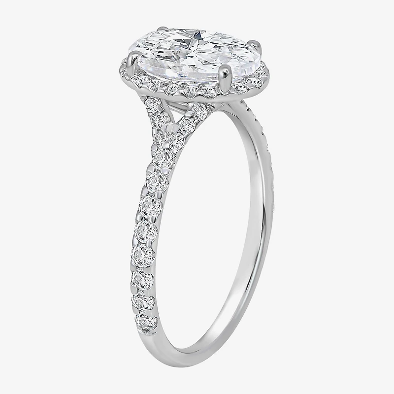 (I / Si2) Womens 2 1/2 CT. T.W. Lab Grown White Diamond Sterling Silver Oval Side Stone Halo Engagement Ring