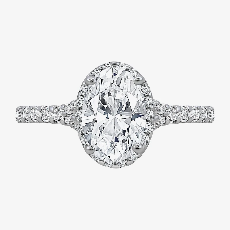(I / Si2) Womens 2 1/2 CT. T.W. Lab Grown White Diamond Sterling Silver Oval Side Stone Halo Engagement Ring