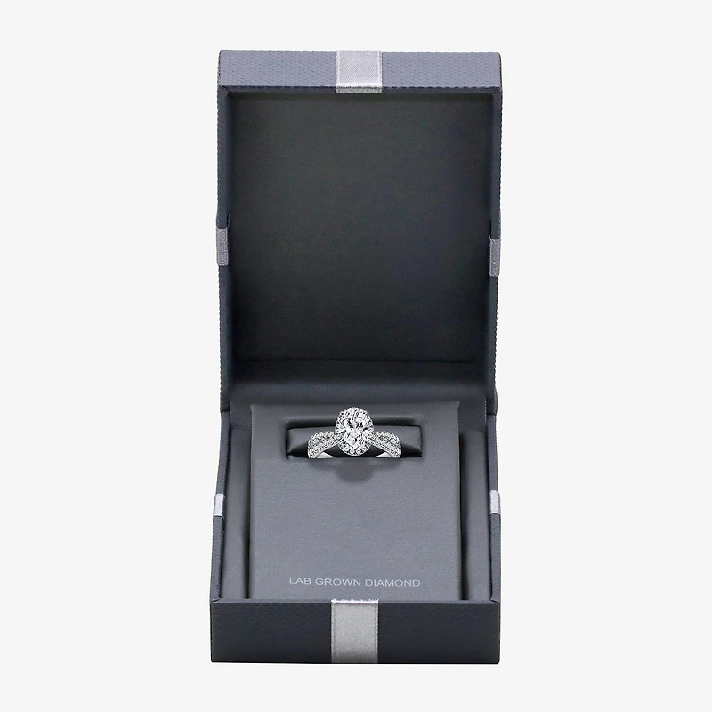 (I / Si2) Womens 2 1/2 CT. T.W. Lab Grown White Diamond Sterling Silver Oval Side Stone Halo Engagement Ring