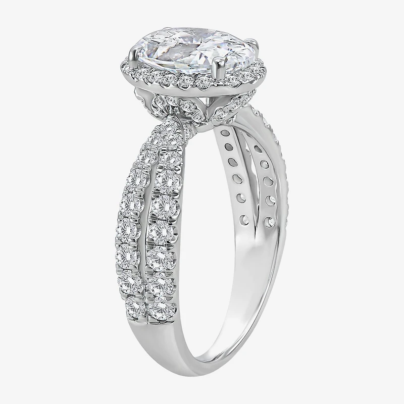 (I / Si2) Womens 2 1/2 CT. T.W. Lab Grown White Diamond Sterling Silver Oval Side Stone Halo Engagement Ring