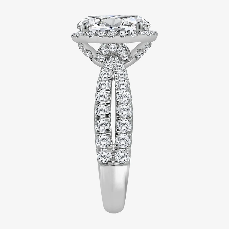 (I / Si2) Womens 2 1/2 CT. T.W. Lab Grown White Diamond Sterling Silver Oval Side Stone Halo Engagement Ring