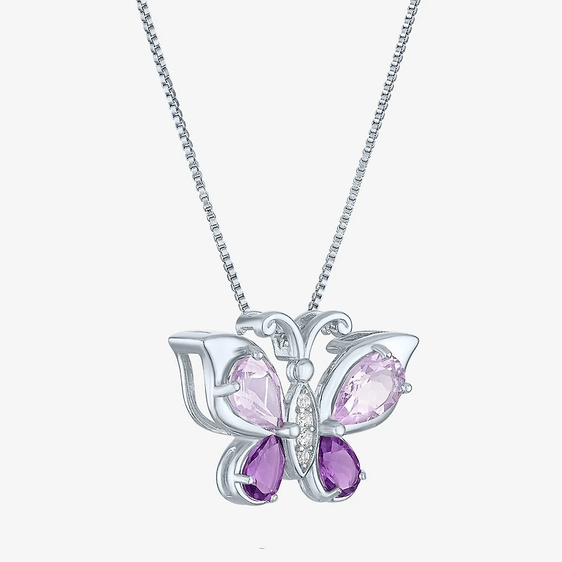 Womens Genuine Purple Amethyst Pure Silver Over Brass Butterfly 16 Inch Pendant Necklace