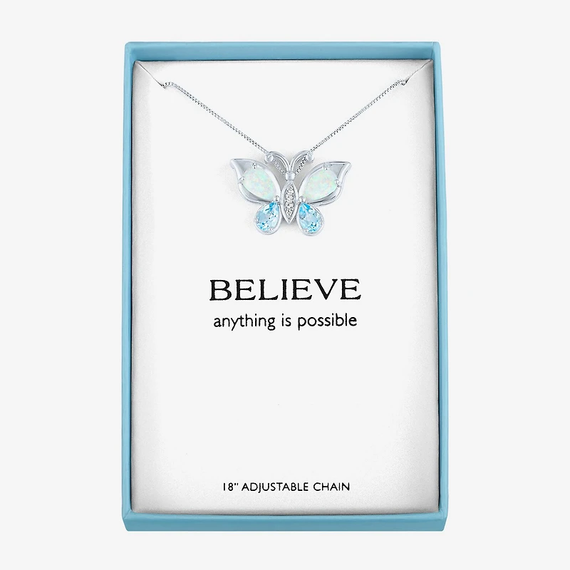 Womens Lab Created White Opal Pure Silver Over Brass Butterfly 16 Inch Pendant Necklace