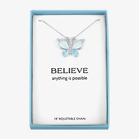 Womens Lab Created White Opal Pure Silver Over Brass Butterfly 16 Inch Pendant Necklace