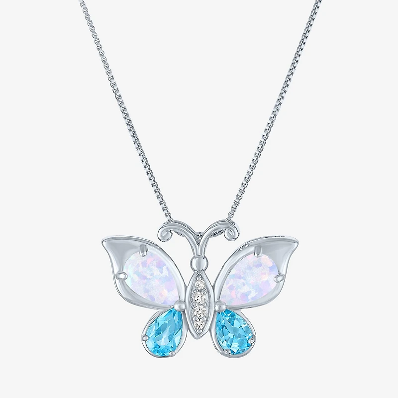 Womens Lab Created White Opal Pure Silver Over Brass Butterfly 16 Inch Pendant Necklace
