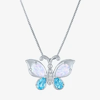 Womens Lab Created White Opal Pure Silver Over Brass Butterfly 16 Inch Pendant Necklace