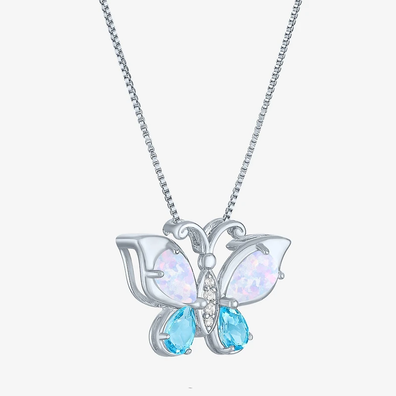 Womens Lab Created White Opal Pure Silver Over Brass Butterfly 16 Inch Pendant Necklace