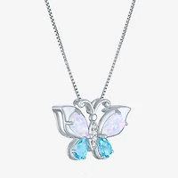 Womens Lab Created White Opal Pure Silver Over Brass Butterfly 16 Inch Pendant Necklace