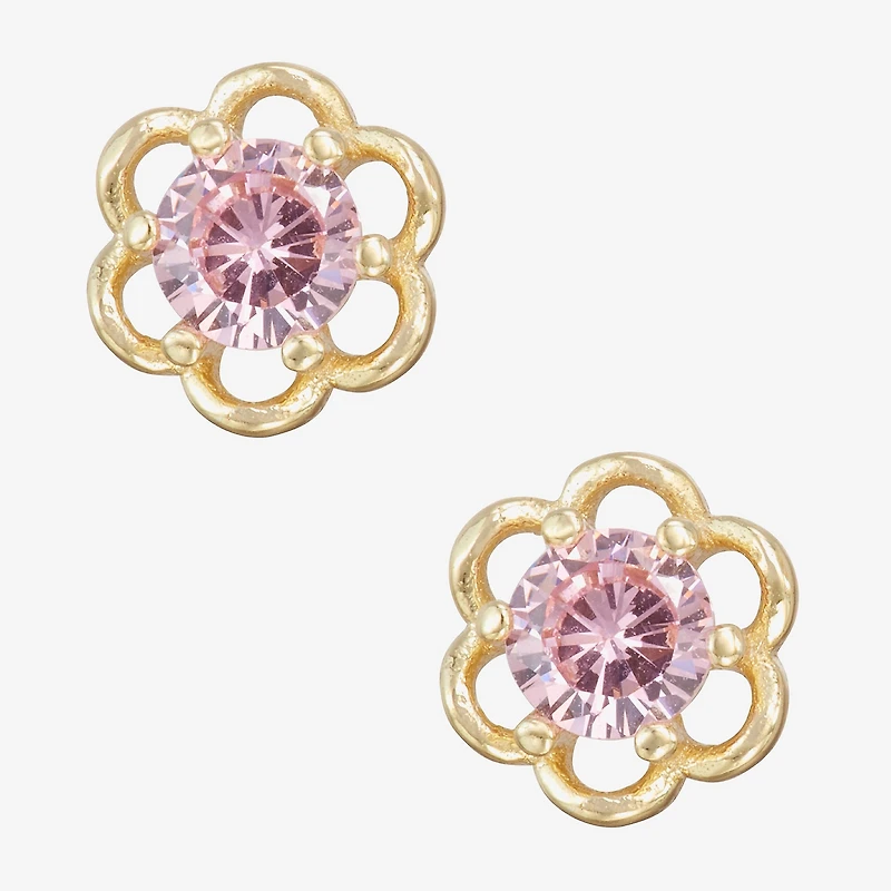 Children'S Pink Cubic Zirconia 14K Gold Over Silver 5mm Flower Stud Earrings