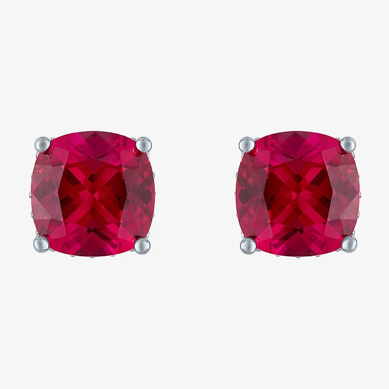 Lab Created Red Ruby Sterling Silver 7mm Cushion Stud Earrings