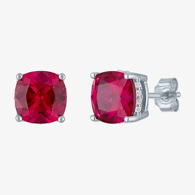 Lab Created Red Ruby Sterling Silver 7mm Cushion Stud Earrings