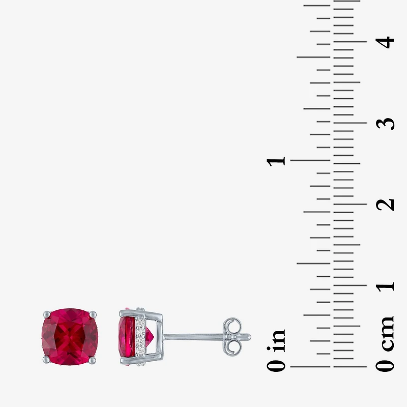 Lab Created Red Ruby Sterling Silver 7mm Cushion Stud Earrings