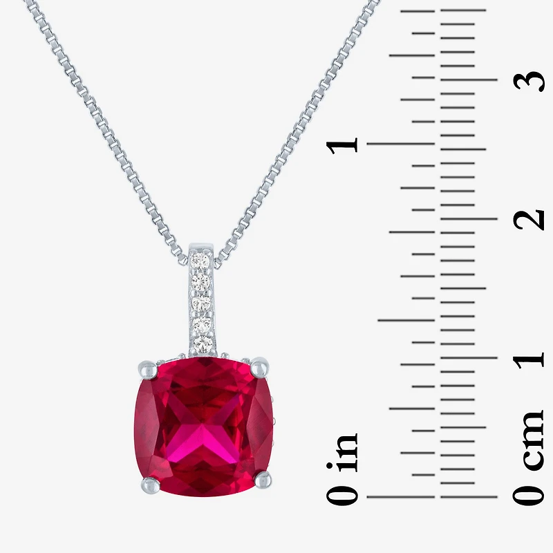 Womens Lab Created Red Ruby Sterling Silver Cushion 18 Inch Pendant Necklace