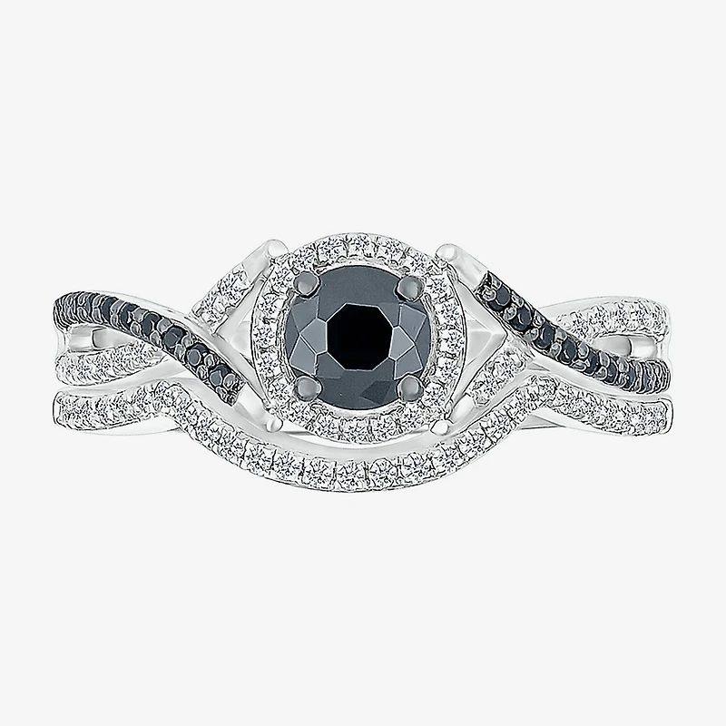 8.50mm Unisex Adult 1 CT. T.W. Natural Black Diamond 10K Gold Round Halo Side Stone Ring Set