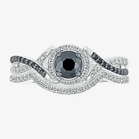 8.50mm Unisex Adult 1 CT. T.W. Natural Black Diamond 10K Gold Round Halo Side Stone Ring Set