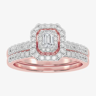 Womens CT. T.W. Natural Diamond 10K Gold Cushion Side Stone Halo Bridal Set