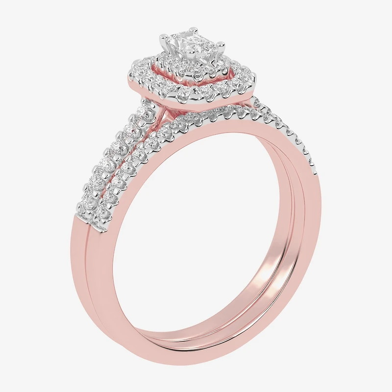 Womens CT. T.W. Natural Diamond 10K Gold Cushion Side Stone Halo Bridal Set