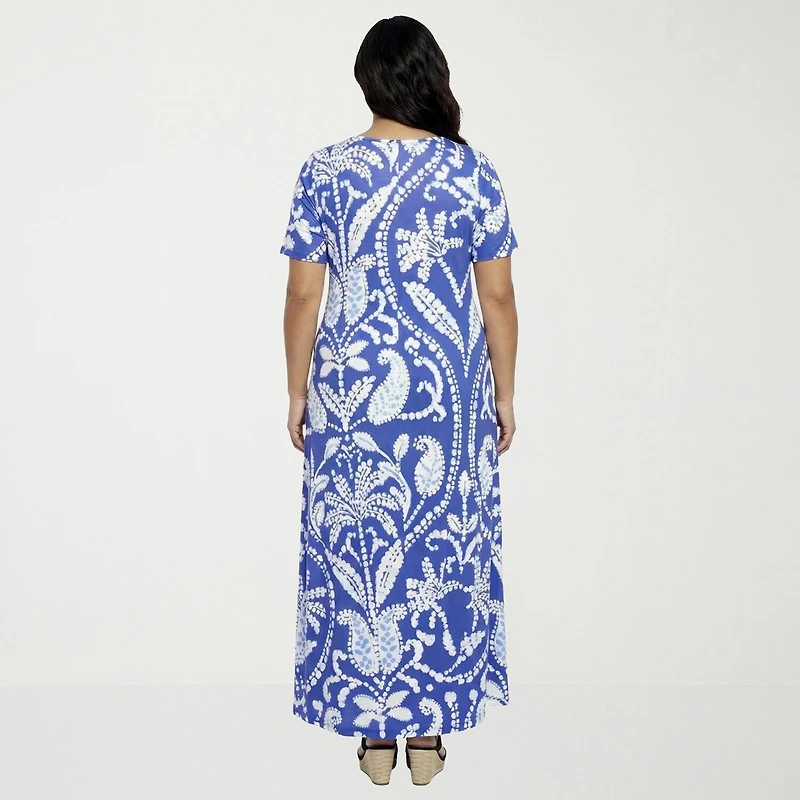 24seven Comfort Apparel Womens Plus Scoop Neck Short Sleeve Paisley A-Line Dress